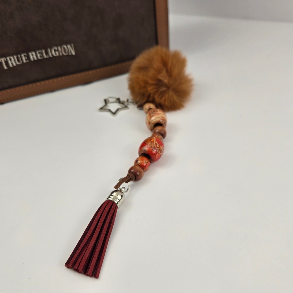Boho Faux Fur Pom Pom Wooden Bead Tassel Keychain Star Charm Brown Red Burgundy